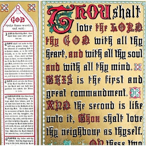 Ten Commandments Gold Tone 1872 Lithograph Victorian Religious Art DWAA6 - Picture 1 of 2